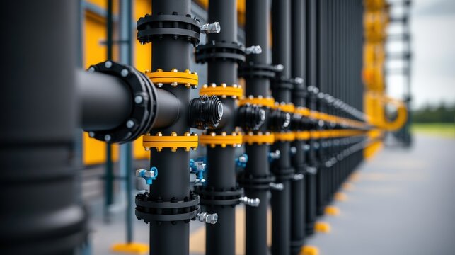Array of industrial pipes running parallel showing connections and infrastructure in processing environment.