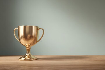 Golden trophy positioned on a wooden surface.