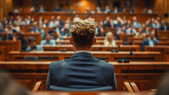 Forensic expert giving legal testimony chest up shot high tech courtroom blurred audience