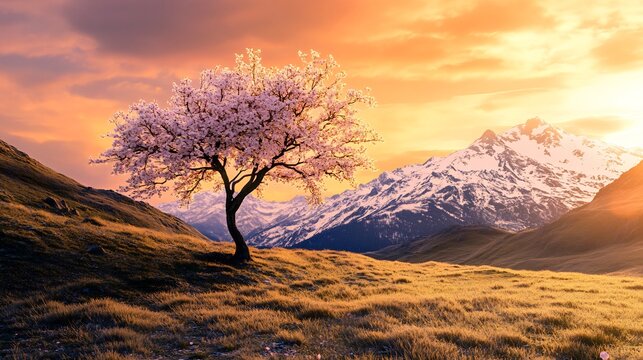 Solitary cherry blossom tree peak bloom facing distant snow covered mountain range under glowing orange pink sunset sky tranquil vibrant nature scene cinematic style  - Powered by Adobe