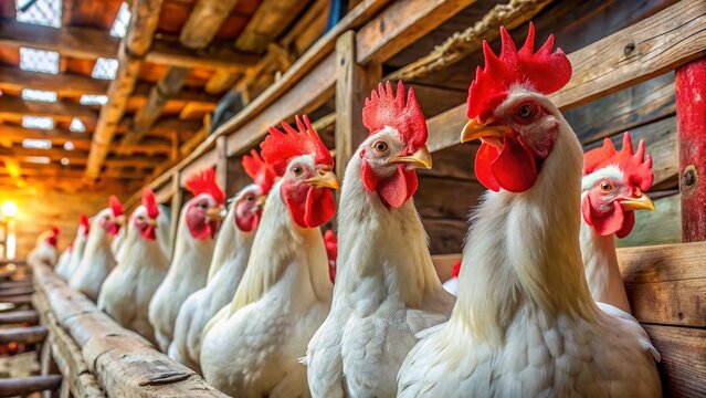 White Broiler Chickens with Red Combs in Rustic Chicken Coop - Farm Scene