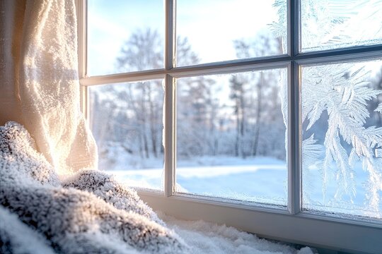 Sunlit winter scene viewed through a frosty window, with a cozy blanket nearby