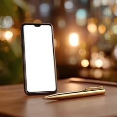 Smartphone Mockup with Blank Screen on Elegant Desk &ndash; Golden Pens and Warm Bokeh Lights