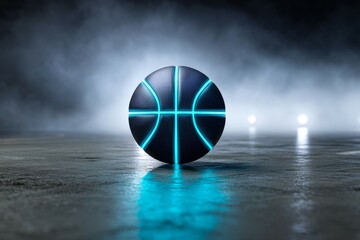 Futuristic glowing basketball on misty court with neon lights