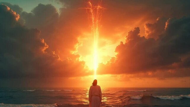Jesus walking on water at sunset. Divine light from heaven. Christian faith, hope, and miracles concept. Easter and Good Friday religious art.