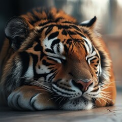 Naklejka premium Peaceful tiger resting. Close-up of a slumbering tiger, showcasing intricate stripes and soft fur