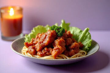 Delicious Teriyaki Chicken Donburi in Cozy Breakfast Setting with Soft Lilac Background and Candlelight Ambiance