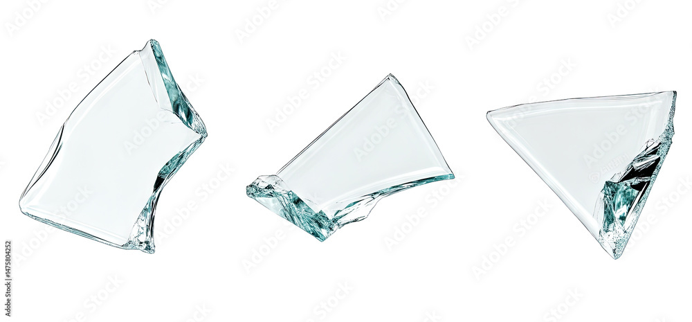 Poster three pieces of broken glass on a transparent background they are all different shapes and sizes and