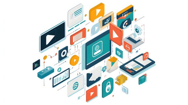 Diverse digital media platform isometric illustration.