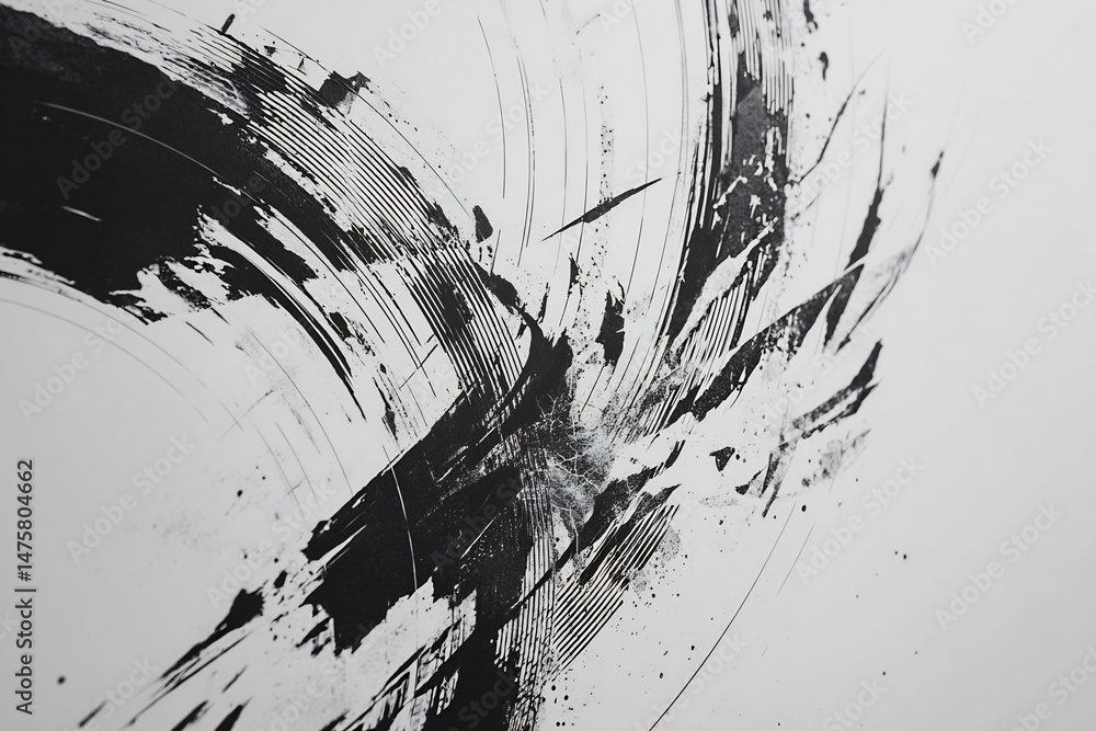 Poster monochrome abstract composition with energetic brushstrokes and linear elements