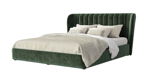 Fototapeta premium A Green Velvet Upholstered Bed With A Tufted Headboard And A White And Beige Striped Bedspread The Bed Is On A Transparent Background