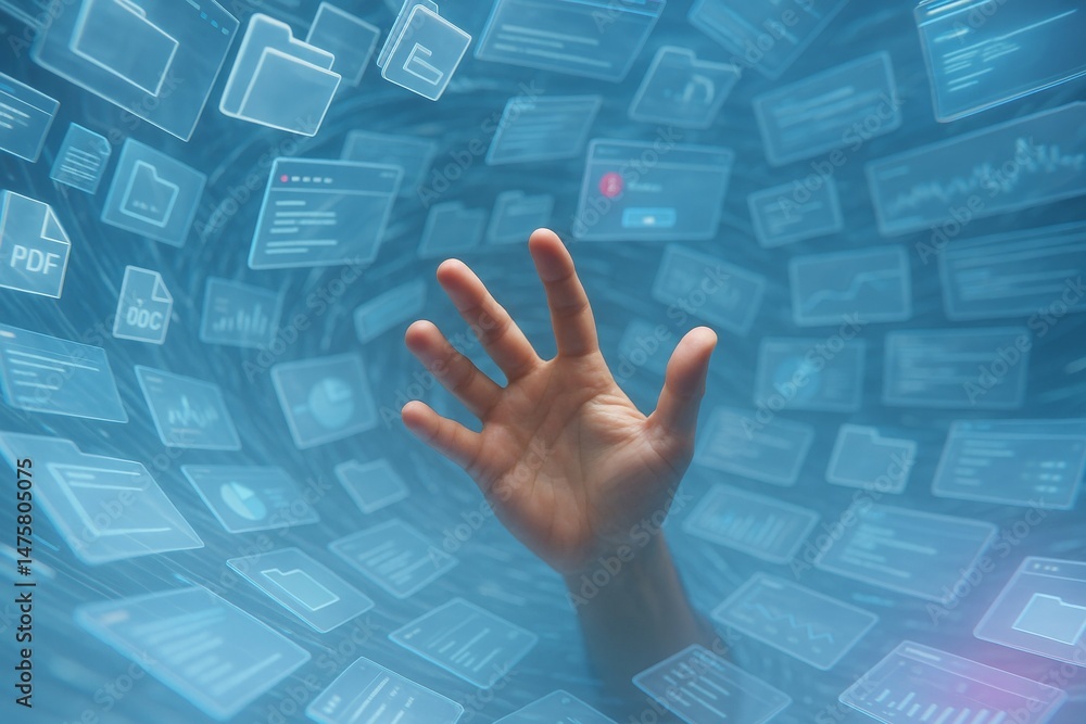 Poster hand reaching through digital data stream of floating documents on blue background