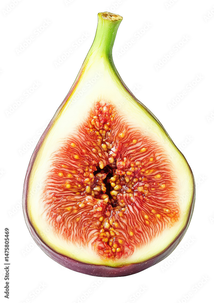 Poster a halved fig with a red flesh and small seeds the fig is isolated on a transparent background and ha