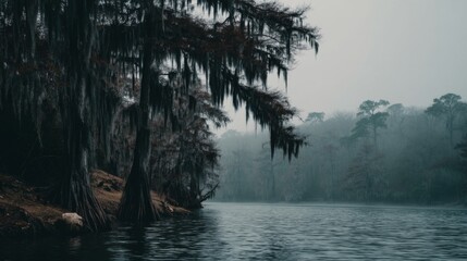 Mysterious Foggy River Landscape with Cypress Trees and Spanish Moss in Serene Nature Setting