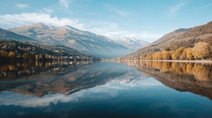 Tranquil Lake Reflection Surrounded by Majestic Mountains and Autumn Trees Under Clear Blue Sky