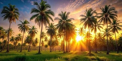Obraz premium Warm sunlight filters through palm trees in a serene summer landscape, outdoor, summer, outdoor,summer, palm tree