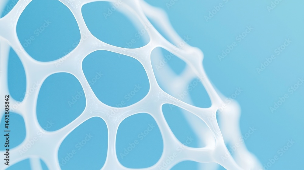 Poster abstract white mesh structure with organic, web-like shapes against a soft blue background.