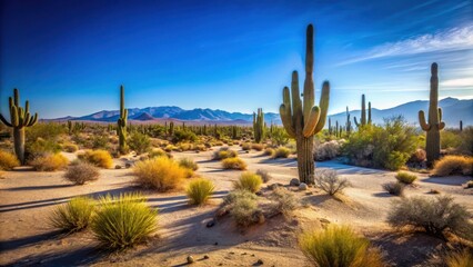 Obraz premium Desert landscape with dry plants and cacti under clear blue sky, botanicals, cacti, botanicals, cacti