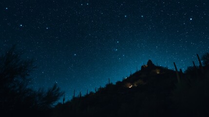 Naklejka premium Stunning Night Sky Over Desert Landscape with Stars and Silhouette of Cacti Under a Beautiful Cosmic Display