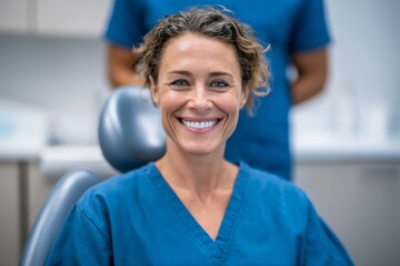 Fototapeta premium Smiling caucasian female dentist in blue scrubs at dental clinic