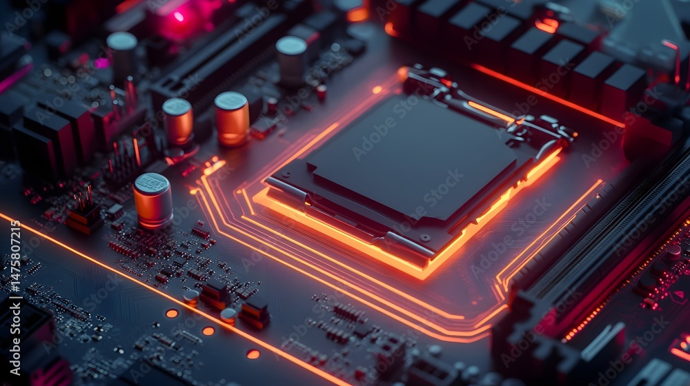 Poster close-up view of a computer motherboard with glowing components.