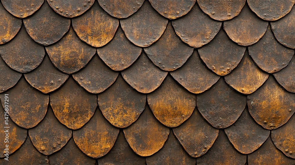 Poster aged, overlapping metal scales with a rustic, textured surface in a repeating pattern.