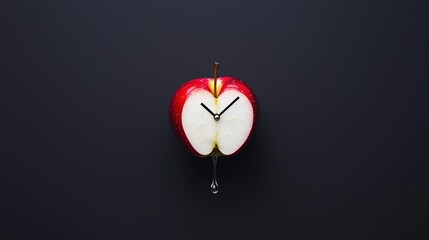 Obraz premium A sliced apple with clock hands and a droplet on a dark background, blending the concepts of time and fruit.