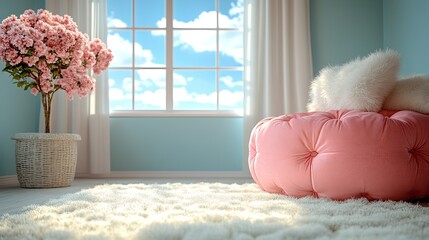 Pink Room with Sunny Day, and Fluffy Rug.