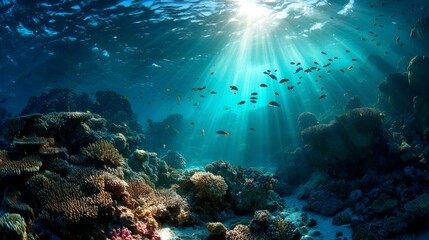 Fototapeta premium Underwater Paradise with Colorful Coral Reef Illuminated by Sunlight Rays and Schools of Fish Swimming Gracefully