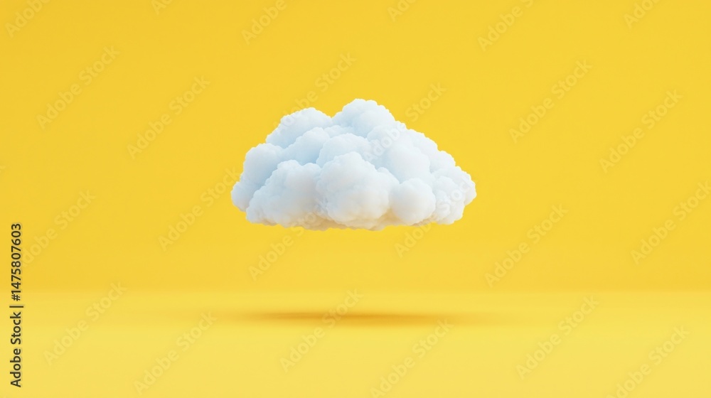 Poster a single fluffy white cloud floats against a bright yellow background, creating a minimal and surrea