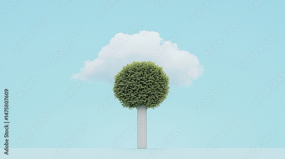 Poster a round tree stands against a blue sky, merging visually with a fluffy white cloud, creating a surre
