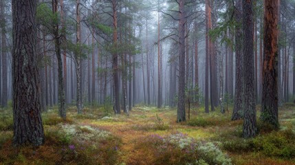Fototapeta premium Serene Misty Forest with Majestic Pine Trees and Lush Greenery in Early Morning Light