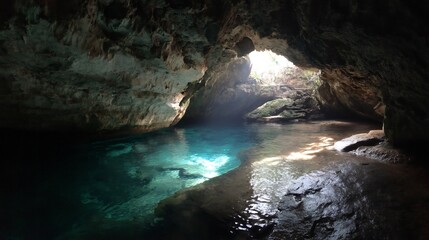 Sunlight spilling into dark cave entrance illuminating crystal teal water pool smooth surface reflecting natural light enhancing the serene ambiance clear cut out on isolated transparent background