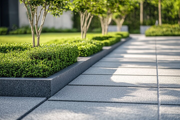 Fototapeta premium Symmetrical garden featuring manicured hedges and tiled pathway for modern outdoor design