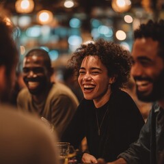 Obraz premium Group of Friends Laughing Together at a Cozy Bar – Warm Social Vibes