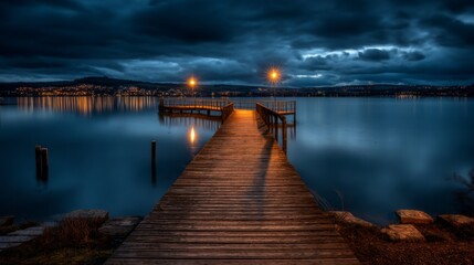 Fototapeta premium Serene nighttime view of a wooden pier extending into a calm lake with reflections and glowing street lamps under cloudy sky