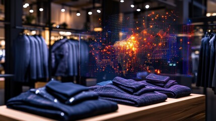 Futuristic digital display overlays luxurious folded garments inside modern clothing store with soft lighting.