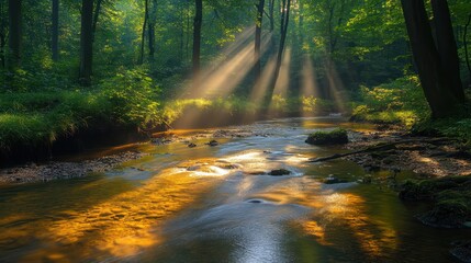 Obraz premium Golden light streams through majestic forest canopy over a tranquil river