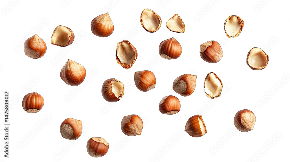 Poster a scattering of whole and cracked hazelnuts arranged in a random pattern on a transparent background