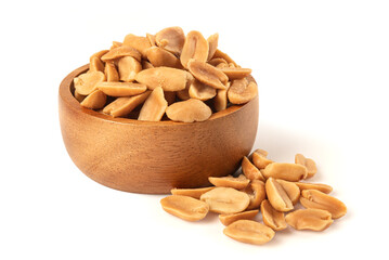 Roasted peanuts in wooden bowl isolated on white background.