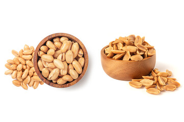 Roasted peanuts in wooden bowl isolated on white background.