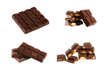 Chocolate bar with nuts collection isolated on white background.