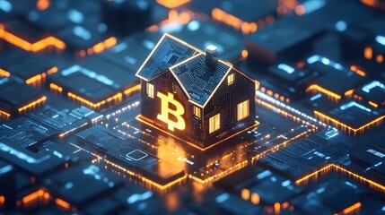 Digital representation of a home with bitcoin symbol on a circuit board.