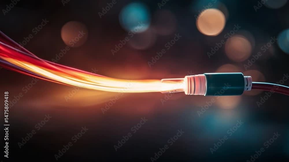 Poster Network connection: a close-up shot of an electric cable creating a connection, illuminated by dynamic light, portraying modern technology and data transmission.