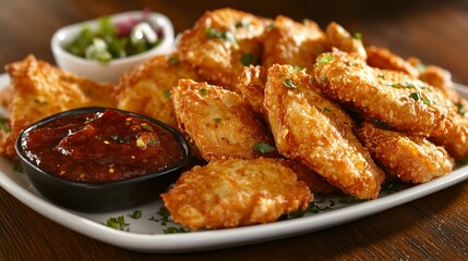 Crispy fried chicken nuggets served with dipping sauces