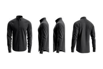 Black Long-sleeved Button-down Shirt Mockup On Transparent Background The Shirt Is Shown From The Front Side And Back With The Collar Buttoned Up It Is A Classic Versatile Shirt Can Be Dressed Up Or D