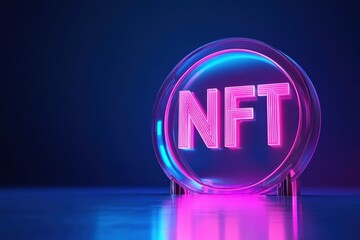 NFT glowing neon letters stand on transparent circular base against blue background. Modern concept of digital cryptoart collectible asset for blockchain enthusiasts and investors.