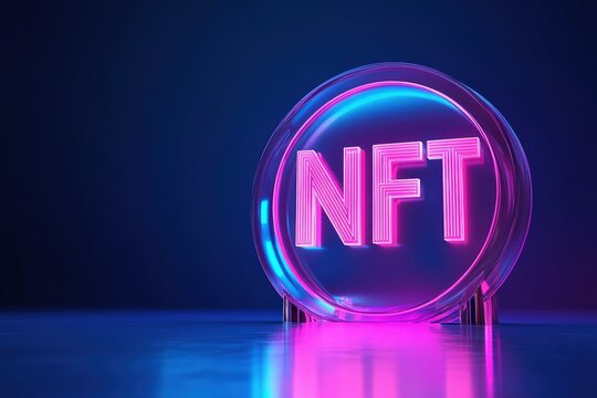 NFT glowing neon letters stand on transparent circular base against blue background. Modern concept of digital cryptoart collectible asset for blockchain enthusiasts and investors.