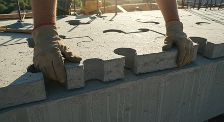 Construction workers assembling concrete puzzle pieces on a building site. Innovative design for modular construction.