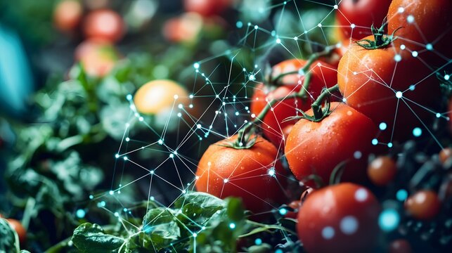 Fresh tomatoes interwoven with digital network design. - Powered by Adobe